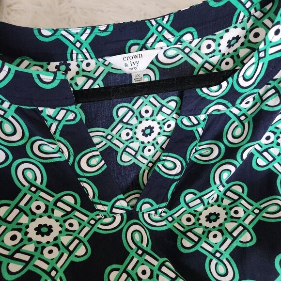 Crown & Ivy Blouse Womens 2X Pullover XXL Boho Top Bell Sleeves Blue/Green Beach - Picture 10 of 11